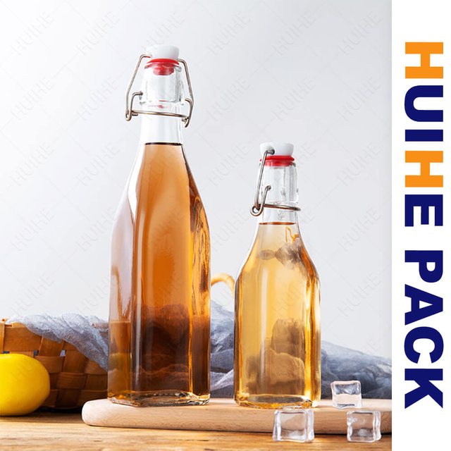 Bottiglia per bevande quadrata in vetro trasparente da 250 ml, 500 ml, 750 ml, con parte superiore girevole