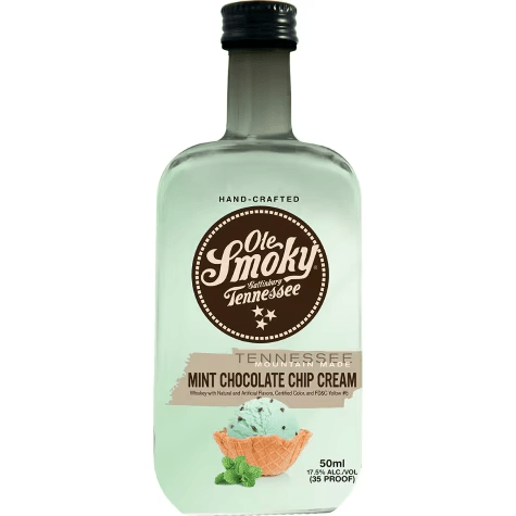 Bottiglia di crema di whisky con gocce di cioccolato Ole Smoky Mint da 50 ml